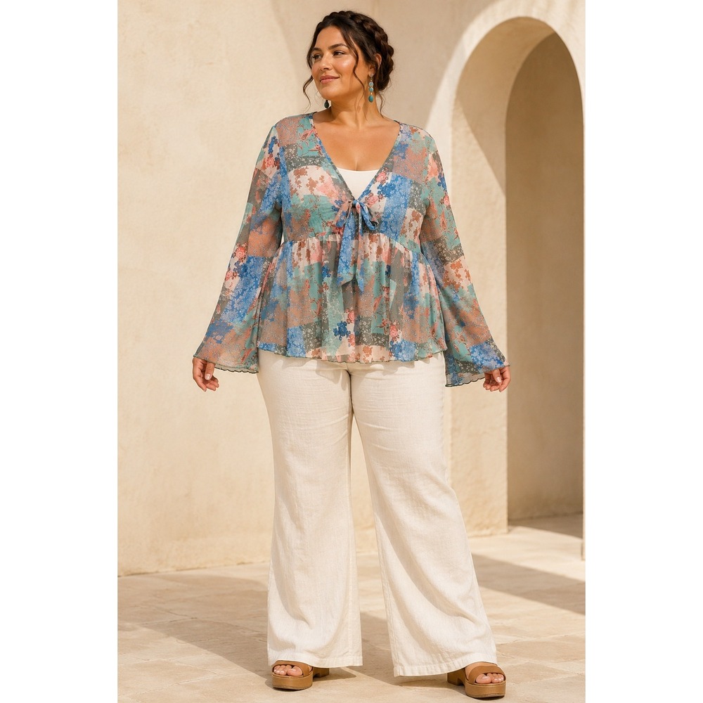Boho Cottagecore Patchwork Floral Mesh Peplum Tie Front Long Sleeve XL- 12 Top